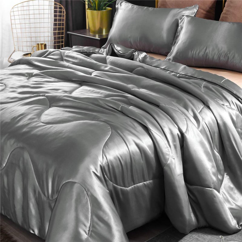NTBED Silky Satin Comforter Set Queen Silver, Luxury Soft Microfiber Bedding Lightweight Sexy Wave Quilted Blanket Set with 2 Pillow Covers for Summer Spring Autumn - Image 2